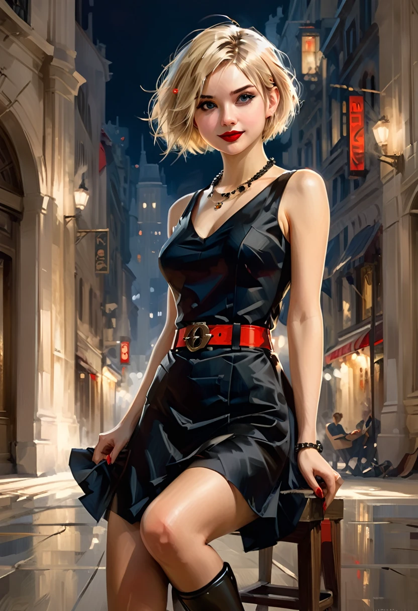 (sitting, crossed legs),(rule of thirds),((ultra realistic illustration:1.2)),Athletic blonde woman, (short hair), tomboy, cute, ((smile)), Red lipstick,necklace, black evening dress, belt, high heels.Masterpiece, best quality,(highly detailed:1.2),(detailed face and eyes:1.2), 8k wallpaper, depth of field, natural lighting. core shadows, high contrast, bokeh.