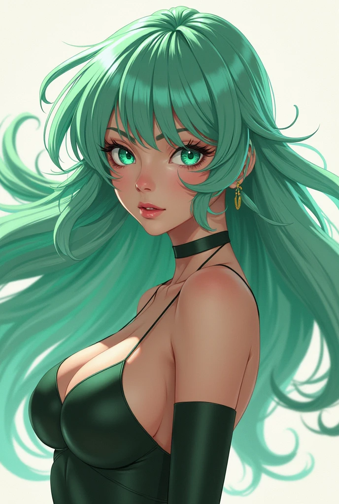 (((masterpiece, best quality, high resolution)))), Extremely detailed 8K, (Ultra HD, Ultra-detailed, Highly detailed, Highly realistic, Ultra-realistic, photograph realistic), (1girl:1.5), (solo:1.1) cute, (green hair:1.5), (tan skin:1.5) long wavy hair, honey eyes, smile, parted lips, blush, (medium :1.2), dynamic pose, cute face, cute face, sksw, thighs, blank background, full body, oc page
