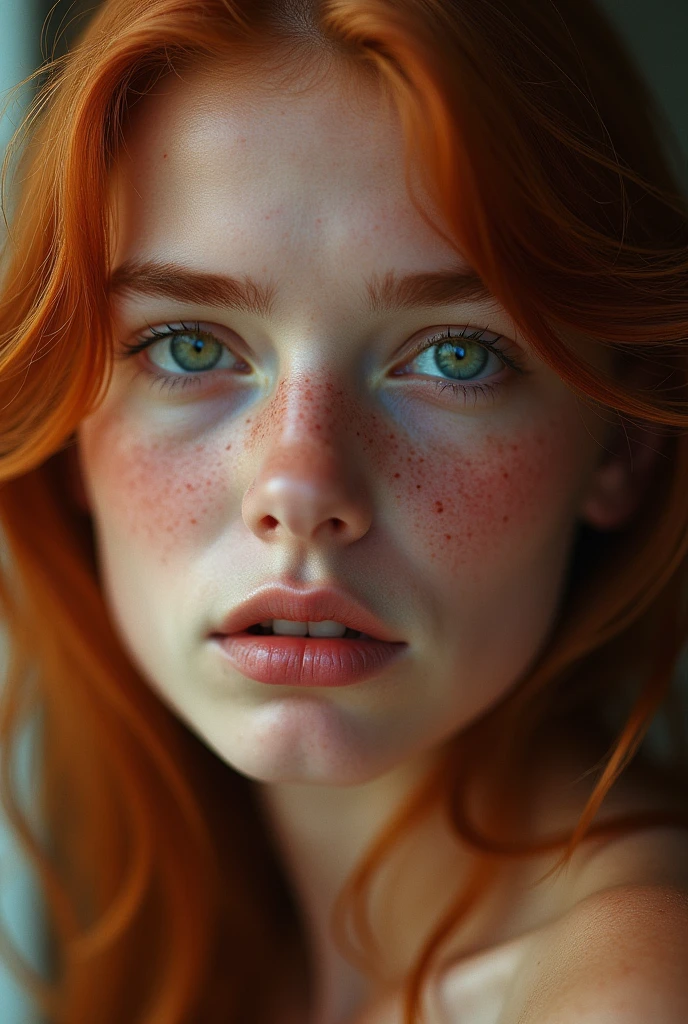 (close up of beautiful 15 year old girl on olay street), (serious:0.5), (very detailed face:1.4), ass POV, Nikon D850, photo from the film, 4 Kodak Portra 400, f1 camera.6 lenses, rich colors, hyperrealistic, realistic texture, dramatic lighting, film studio 800, Nineteenth-century Victorian style., evening, Vintage lighting, Red hair, green eyes, freckles, naked, 18+