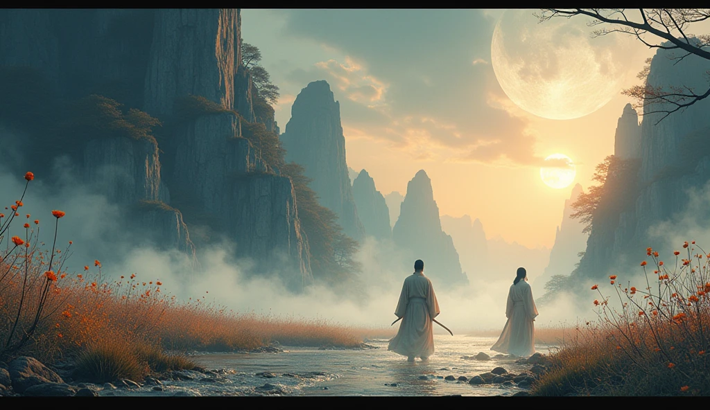 One picture describes five scenes,Movie storyboard scene 1:The sky rises straight up and destroys the vast,The Endless Tai Chi Long Scene 2:I haven't seen blood and grief for years,Forgetting Life and Death and Living in the Dust, Scene 3:Flying Stars Fly Far Away Crossing the Guan River,Ask the Lotus How to Know the Color of Ice and Snow Scene 4:Why hate the desolation after drinking,One Sorrow Is Not Enough to Unite the River Scene 5:The moon falls on the eaves of clothes,Borrowing a sword to pick flowers and scatter branches