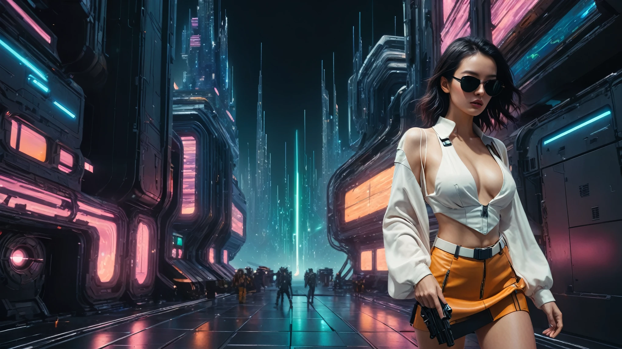 brightly colored abstract image of a space station with a spiral, epic beautiful space sci-fi, chaotic cinematic space rift, Greg Beeple, planets colliding, Beeple and Tim Hildebrandt, Beeple and Jean Giraud, end of the universe, galaxy space sci-fi, ringworld, (((flying cars))), by Mike "Beeple" Winkelmann. Matrix style, Matrix cascading code, a futuristic twin tower skyscraper with a unique twisted design, OLED GUI interfaces in the building, at night, (1girl, solo), photo realistic, large-breast:1.2 slim body, cleavage, off broken mini sling-shirt and black sling bra, miniskirt, (matrix style black sunglasses), (holding a short gun), half-body thigh level medium shot, cinematic lighting, ray tracing.