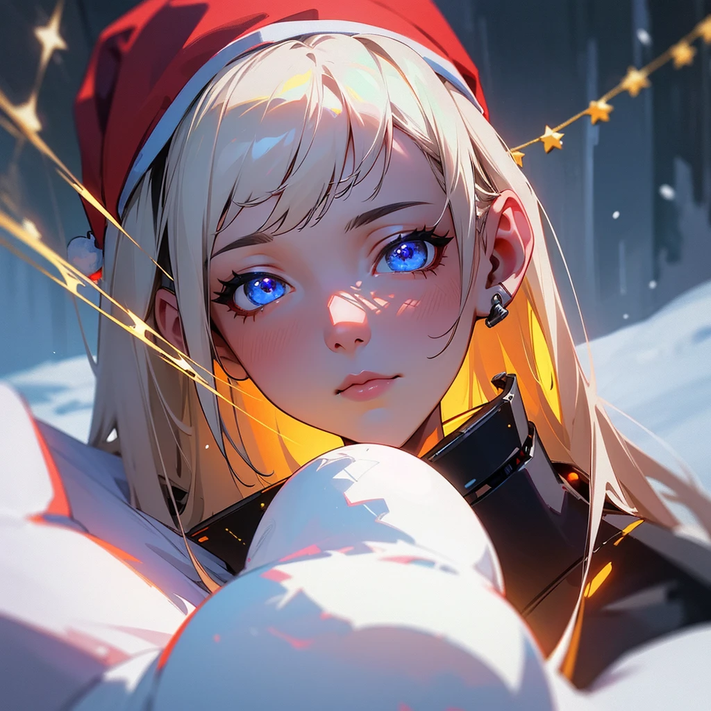 Christmas theme, 1 cute beautiful cyborg, 8k, hd, unreal engine, masterpiece, 4k, extra details, Christmas decoration, snow, close face, Christmas cosplay,  christmas gifts, christmas presents