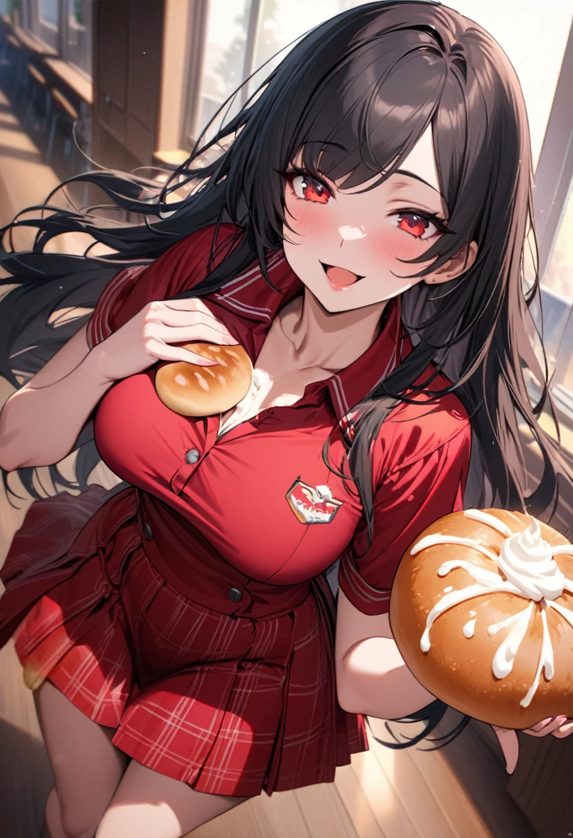 (happy eating style), (Fist pump, hand holding the Delicious baked round bread, There's cream inside), (happy eating to round bread) (solo:2, 18 yo) (beautiful detailed middle part bangs) (beautiful black hair long hair) (beautiful sexy sadist girl) (best cool red eyes) (best happy smile, glossy lip, wide open mouth) (big tits), in a summer Elegant red school shirt, detailed Check pattern skirt, standing, break, in the beautiful master detailed School cafeteria, BREAK, perfect anatomy, masterpiece, best quality, 16k, beautiful detailed grow, daydreaming expression.