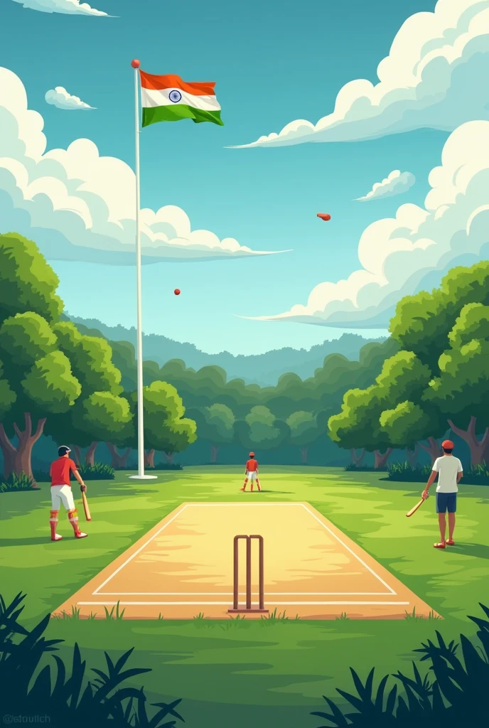make me a poster for a cricket tournament on the day of 15th august about a cricket tournament.
this cricket tournament will be held on 15th august on the sister Nivedita ground from 4 pm to 6 pm. interested people who want to sign up are to contact with Mr. Kaniska Sarkar and his phone number is +91 97489 48901. the poster will have a ground with the Indian flag hoisted and people playing cricket nearby. give heading with big bold letters "green park cricket
tournament