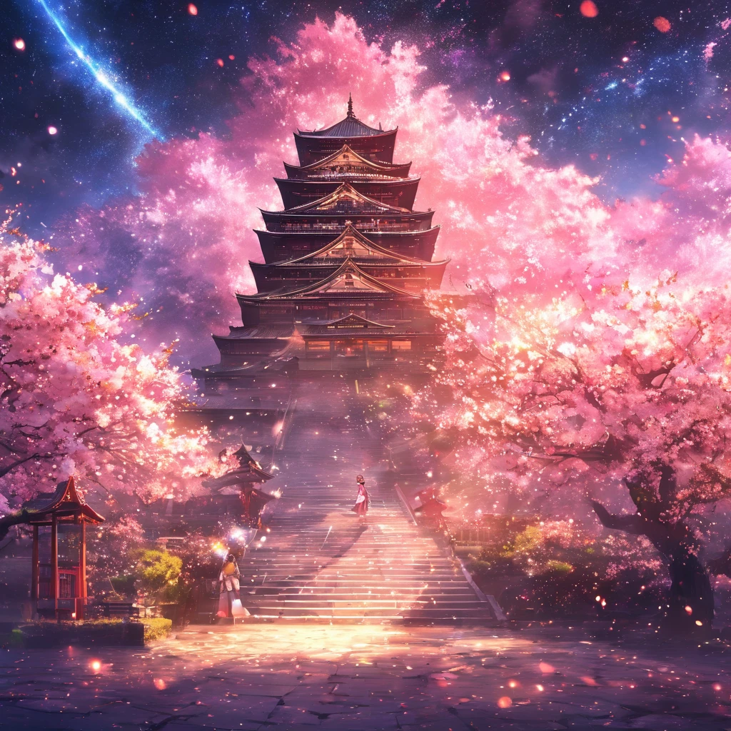 masterpiece, concept art, panorama, middle, shape, wide shot, cherry blossoms, night, (meteor), space galaxy background, (great composition, epic scale), dynamic lighting, bright colors, cherry blossoms, one girl, garden , Japanese castle