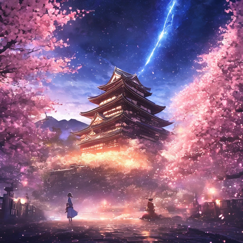 masterpiece, concept art, panorama, middle, shape, wide shot, cherry blossoms, night, (meteor), space galaxy background, (great composition, epic scale), dynamic lighting, bright colors, cherry blossoms, one girl, garden , Japanese castle