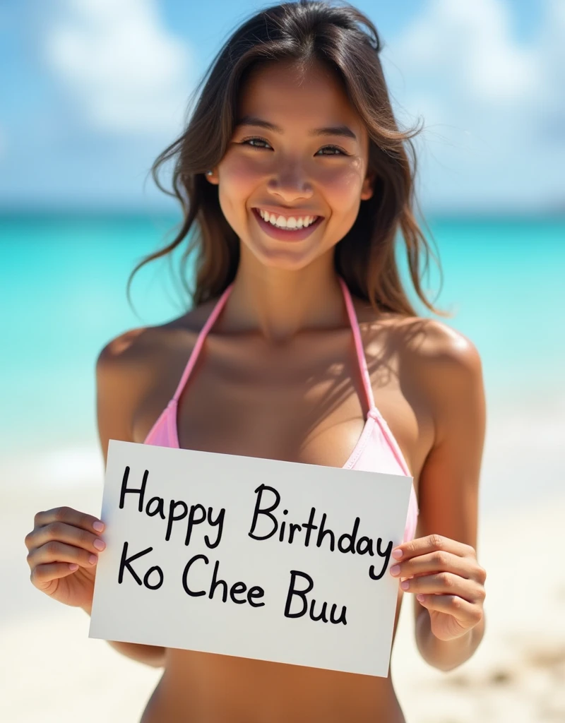 A pretty girl with big breasts in halterneck bikini holding a sign with hand written text "Happy Birthday Ko Chee Buu". Bright natural light, beach background