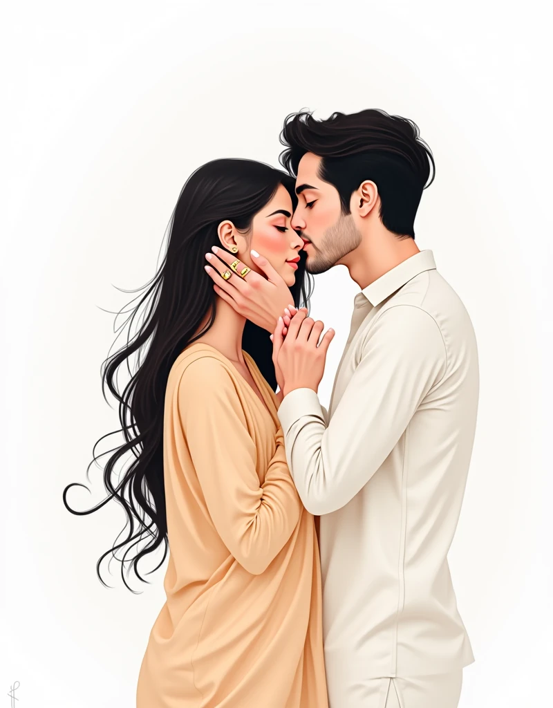 A captivating illustration of a serene woman with long, flowing hair and a subtle bindi on her forehead. She is gently resting her head in the palm of a man's hand, who is softly kissing her chin. Both the man and the woman have soft, natural makeup, exuding a sense of calm and intimacy. The man's other hand is adorned with a simple ring, emphasizing the tender moment between them. The background is minimalistic, using a plain white color to enhance the emotional depth of the scene and to put the focus on the couple. The style of the illustration is modern and artistic, reminiscent of contemporary line art., illustration