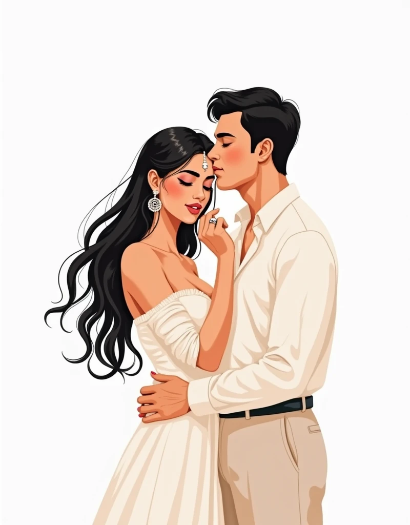 A captivating illustration of a serene woman with long, flowing hair and a subtle bindi on her forehead. She is gently resting her head in the palm of a man's hand, who is softly kissing her chin. Both the man and the woman have soft, natural makeup, exuding a sense of calm and intimacy. The man's other hand is adorned with a simple ring, emphasizing the tender moment between them. The background is minimalistic, using a plain white color to enhance the emotional depth of the scene and to put the focus on the couple. The style of the illustration is modern and artistic, reminiscent of contemporary line art., illustration