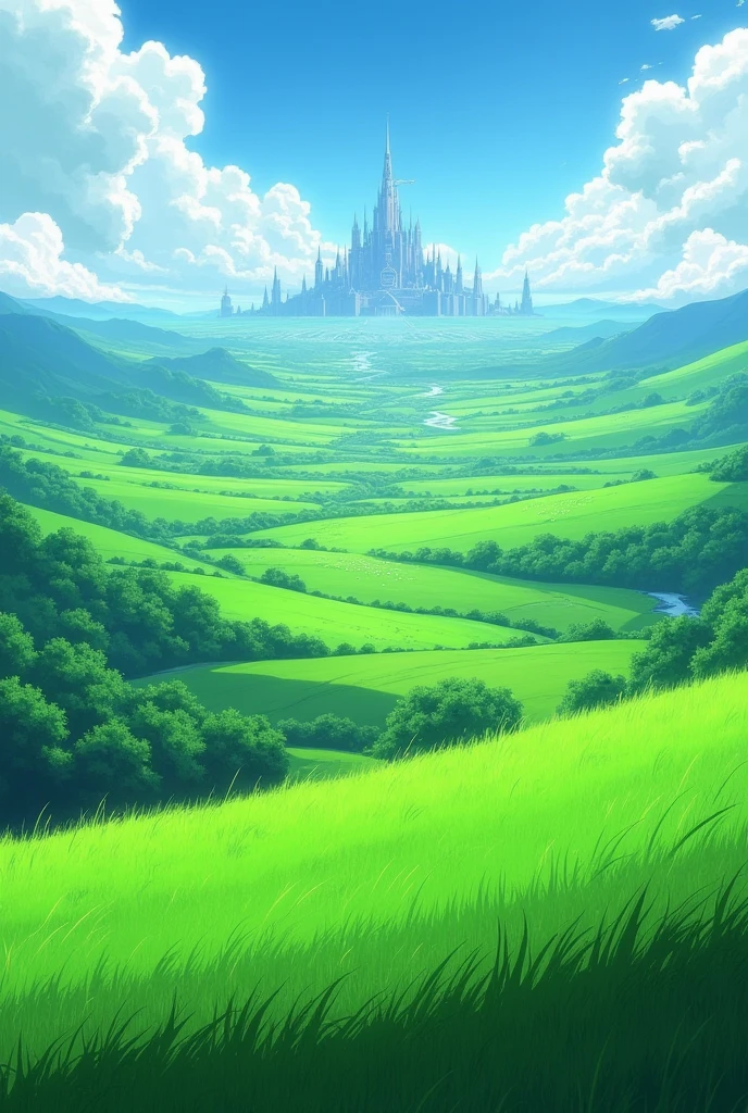 A vast, lush green landscape in an anime-style, set in another world. The scenery is rich and fertile, with expansive fields of vibrant grass stretching far and wide. In the distance, a majestic city can be seen on the horizon.