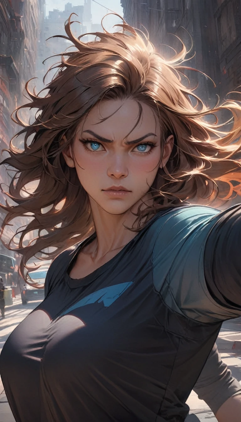 best quality,4k,8k,highres,masterpiece:1.2),ultra-detailed, extremely detailed eyes, extremely detailed body, (large masterpiece digital art), (detailed manga illustration), (detailed line art), ((perfect anatomy)), (intricate details:1.3), (ultra-detailed:1.3), (illustration:1.3), (sharp focus:1.3), (natural lighting:1.05), (vivid colors:1.3), (masterpiece), (best quality:1.4), (perfect anatomy:1.4), high quality, expressive eyes, full body, detailed face, beautiful face, perfect face, 1boy, angry, ((male focus)), muscular, detailed messy hair, long hair, brown hair, blue eyes, t-shirt, jean pants, sneakers, cinematic lighting, dramatic atmosphere, Atey Ghailan, Jeremy Mann, Greg Manchess, Antonio Moro, trend in ArtStation, trend in CGSociety, Intricate, High Detail, Sharp focus, dramatic and photorealistic painting art by Midjourney and Greg Rutkowski, Jeff Bridges, ((cartoon style)), Marvel Cinematic Universe style, (((ruined city in the background))),