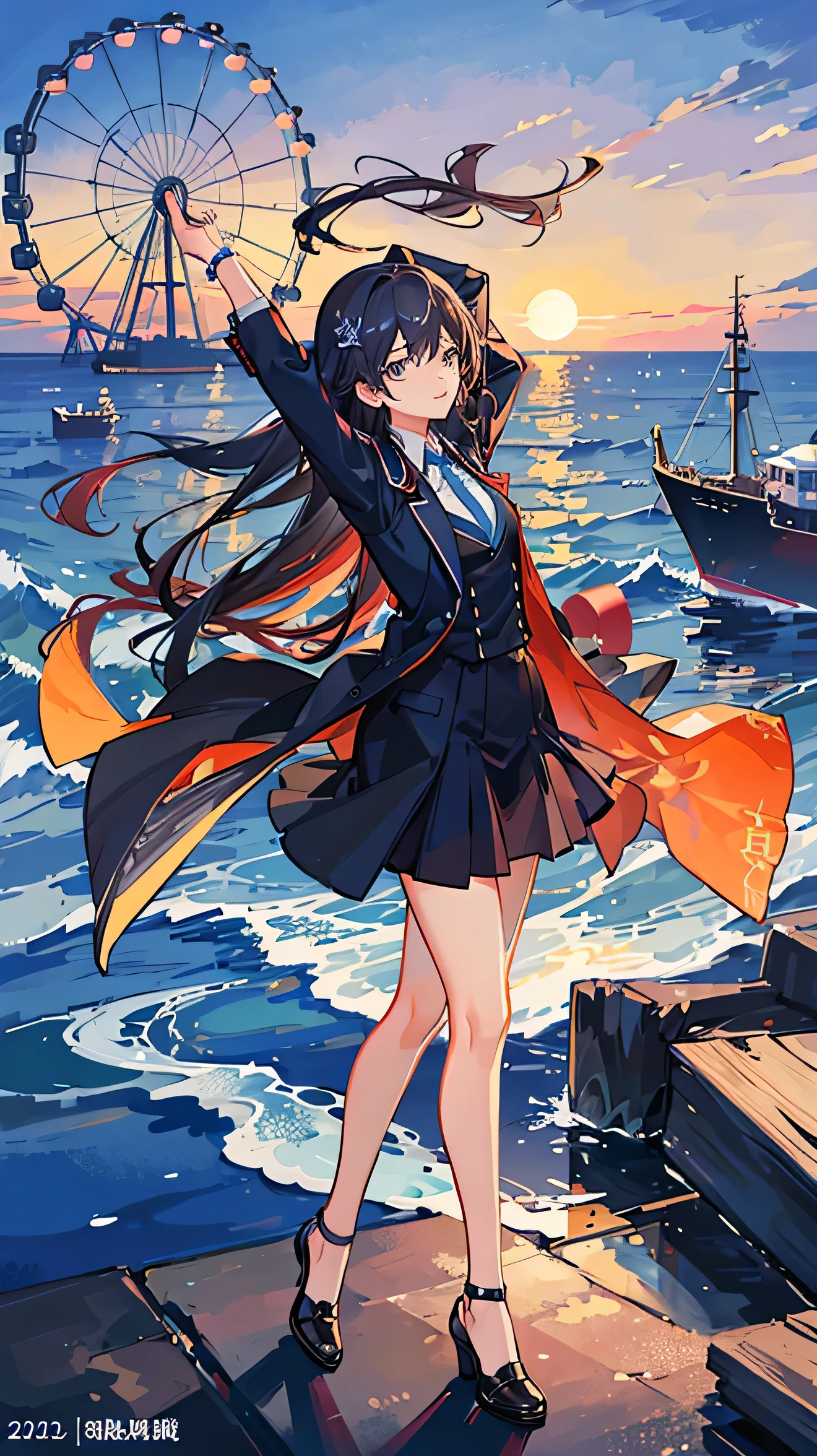 A woman in a suit is stretching on the beach。The background is Yokohama Minato Mirai at night、The sea and night view are very beautiful。Ferris wheel、High-rise buildings、There is an ocean
