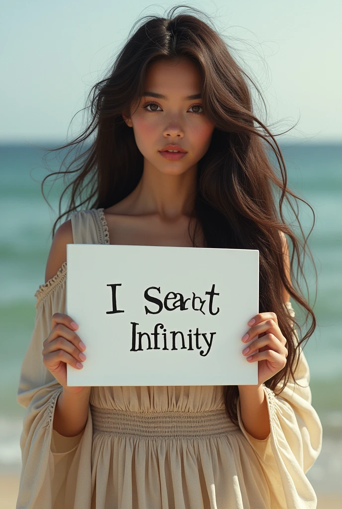 Beautiful girl with wavy long hair, bohemian dress, holding a white board with text "I Love Seaart Infinity" and showing it to the viewer
