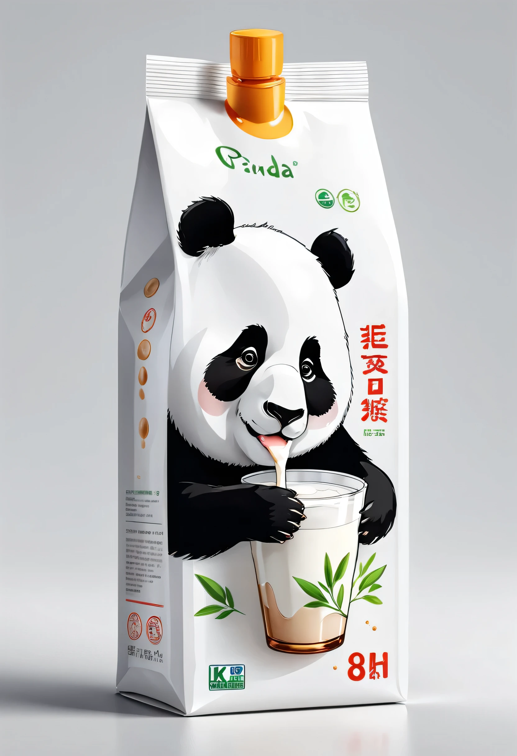 Modern packaging design, milk product packaging bag, Panda drinking milk illustration, simple white background, HD resolution, simple style, actual, Natural light, Glossy plastic packaging bag, (best quality, masterpiece, Representative work, official art, Professional, 8k, Ultra intricate detailed:1.3)