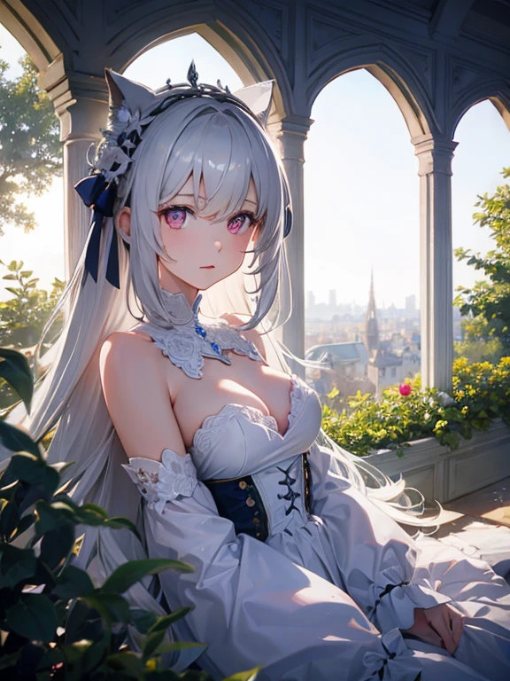 One girl, the most absurd, White medium hair, Pale pink eyes, Center parted hair, Small breasts, White Dress, garden, noon, blue sky, beautiful, Dramatic Light, Strong Shadows, Nice views, Depth of written boundary, Cinema Lighting, ((masterpiece)), Attention to detail, high quality, 最high quality, High resolution, 8k, Canon EOS R5, 50mm, 