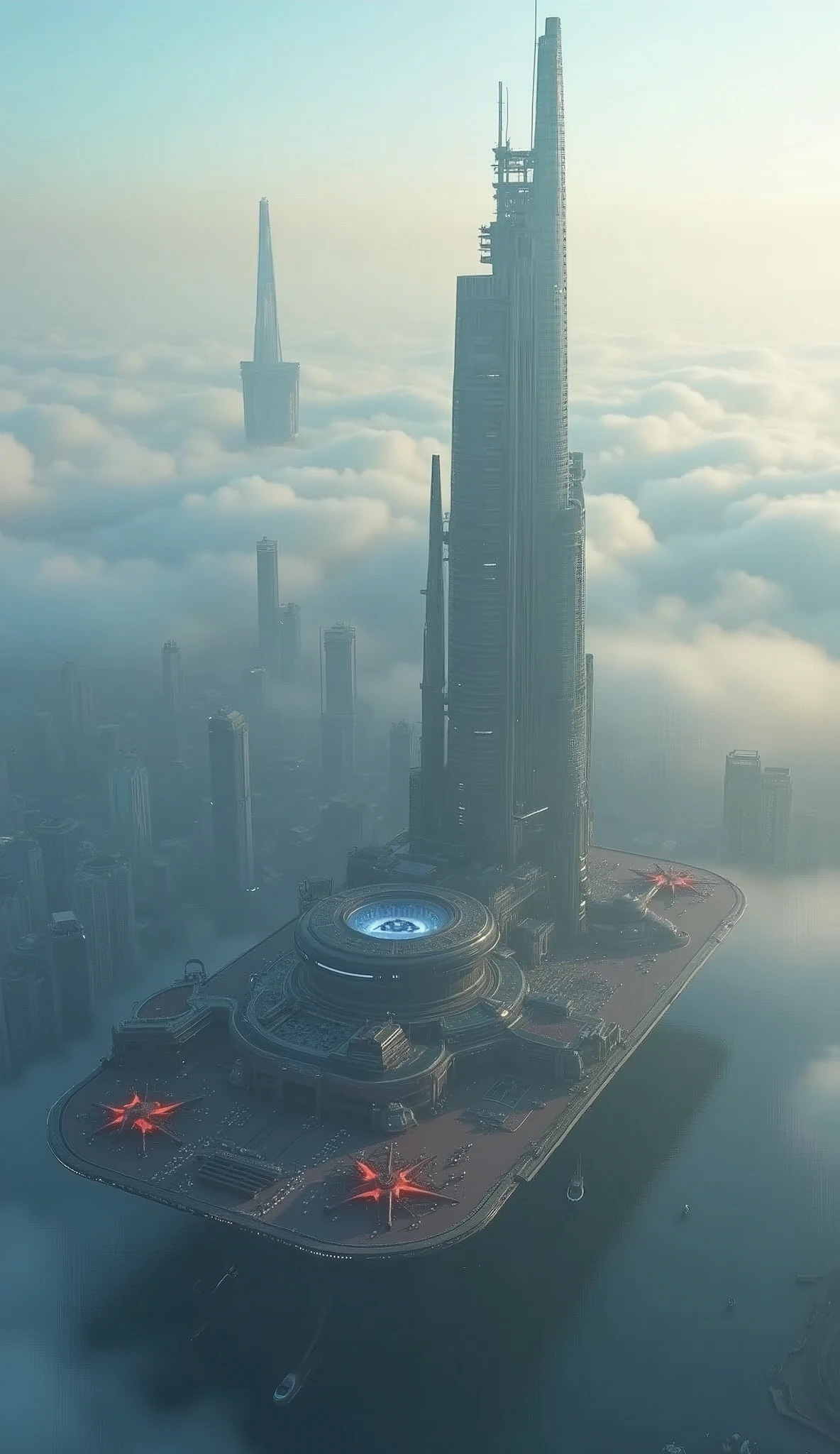 Future city seen from an airplane:1.5,fog,port,Flying Spaceship,Skyscraper,masterpiece,Highest quality,Ultra-high resolution,(Very detailed:1.2),8k,Realistic,Best aesthetics,beautiful