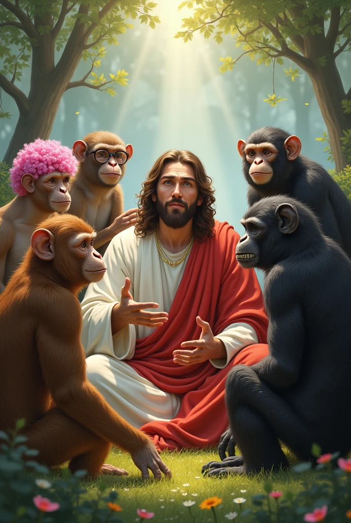 Jesus spreading wisdom to only 5 monkey , monkey number 1with pink hair , monkey number 2 with curly hair like a human, monkey number3 with glasses and braces like a nerd, monkey number 4 is black and monkey number 5  is really strong