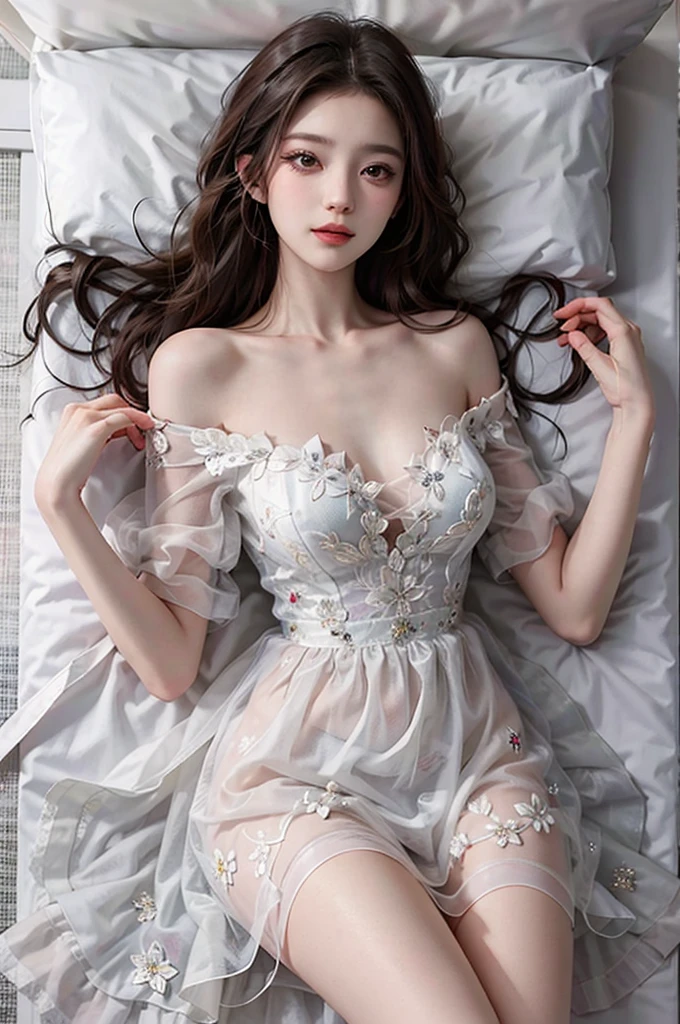 1个Giant Breast Girl，Full body photo，Flaxen hair，floated hair，Hazy beauty，Extremely beautiful facial features，White embroidered dress，with a hairpin on her head，Lie in the flowers，The hand dragged the chin，perfect hand，Rose flower，（springtime， Rainy days，butterflys，precipice）， Simple vector art， Contemporary Chinese art，  the soft light， Tangled scarf，Overlooking，white lace chemise，Sleeping naked in bed