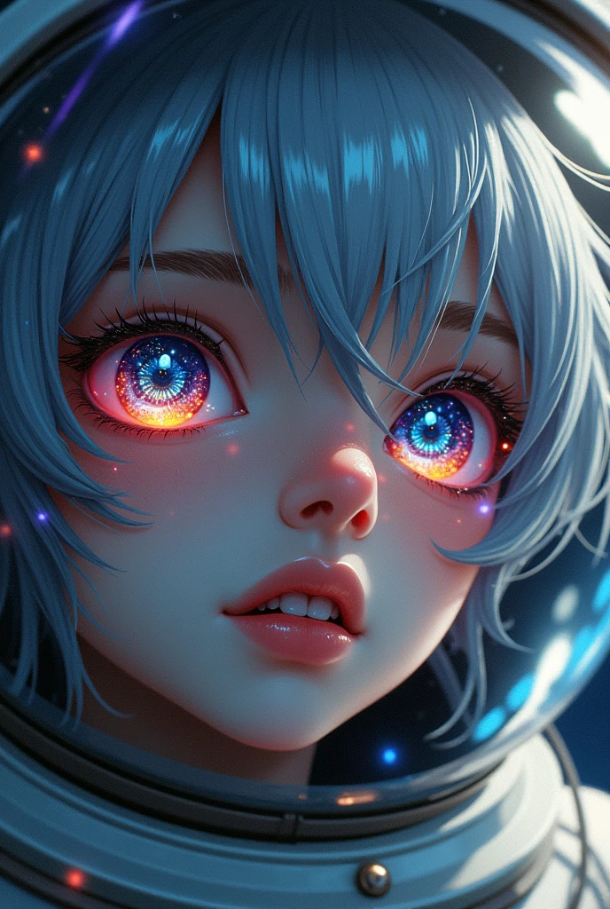 (Close-up of a better masterpiece:1.5)0.9], (Space and astronauts:1.2) (Messy silver hair:1.1) (Heterochromia xanthochromia and blue eyes:1.2) (Space Helmet:1.0) (Colored stars in the eyes:1.0) (A radiant glow:1.1) (thick lips:0.9)