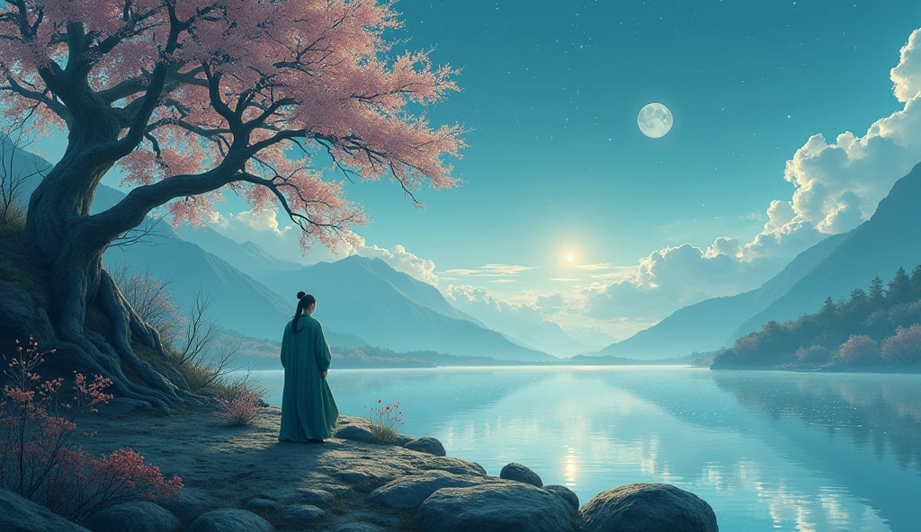 One picture describes five scenes,Movie storyboard scene 1:The sky rises straight up and destroys the vast,The Endless Tai Chi Long Scene 2:I haven't seen blood and grief for years,Forgetting Life and Death and Living in the Dust, Scene 3:Flying Stars Fly Far Away Crossing the Guan River,Ask the Lotus How to Know the Color of Ice and Snow Scene 4:Why hate the desolation after drinking,One Sorrow Is Not Enough to Unite the River Scene 5:The moon falls on the eaves of clothes,Borrowing a sword to pick flowers and scatter branches