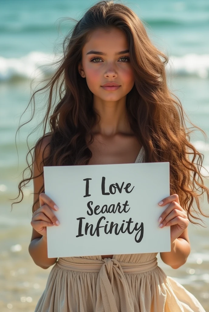 Beautiful girl with wavy long hair, bohemian dress, holding a white board with text "I Love Seaart Infinity" and showing it to the viewer
