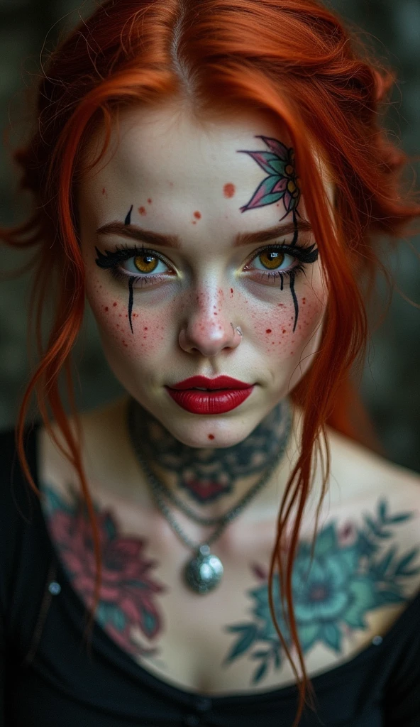 realistic portrait of a 25 year old woman, intense gaze, brown eyes, soft smile, freckles on her face, red hair, colorful tattoos, horror makeup, eyeliner, thin red lips, black skirt, silver accessories, jewelry silver, rain, storn