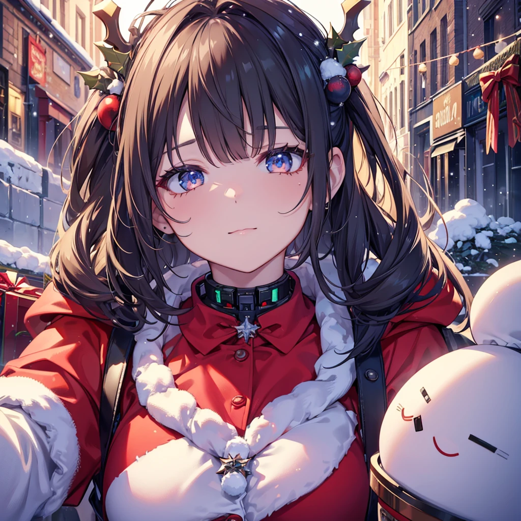 Christmas theme, 1 cute beautiful cyborg, 8k, hd, unreal engine, masterpiece, 4k, extra details, Christmas decoration, snow, close face, Christmas cosplay,  christmas gifts, christmas presents