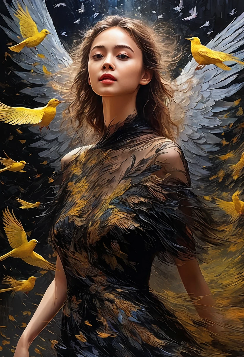 Rough surface, oil on canvas style, delicate face, upper body, a girl, a girl in a black dress, big bird wings, fluttering, surrounded by birds, extreme flow, night, super detailed, intricate, 32k uhd megapixels
best quality --iw 0.5 --q 2 - -s 750 - -two 2 5