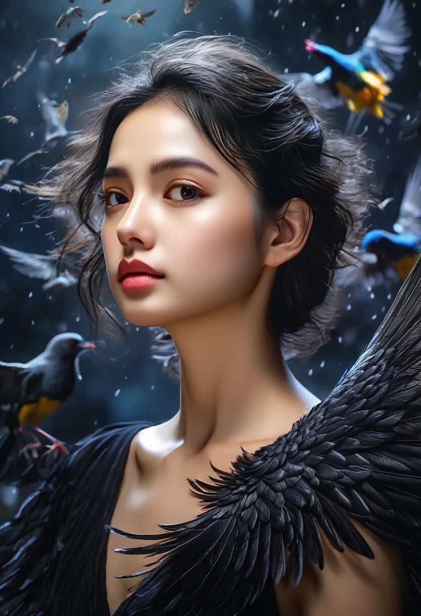 Rough surface, oil on canvas style, delicate face, upper body, a girl, a girl in a black dress, big bird wings, fluttering, surrounded by birds, extreme flow, night, super detailed, intricate, 32k uhd megapixels
best quality --iw 0.5 --q 2 - -s 750 - -two 2 5