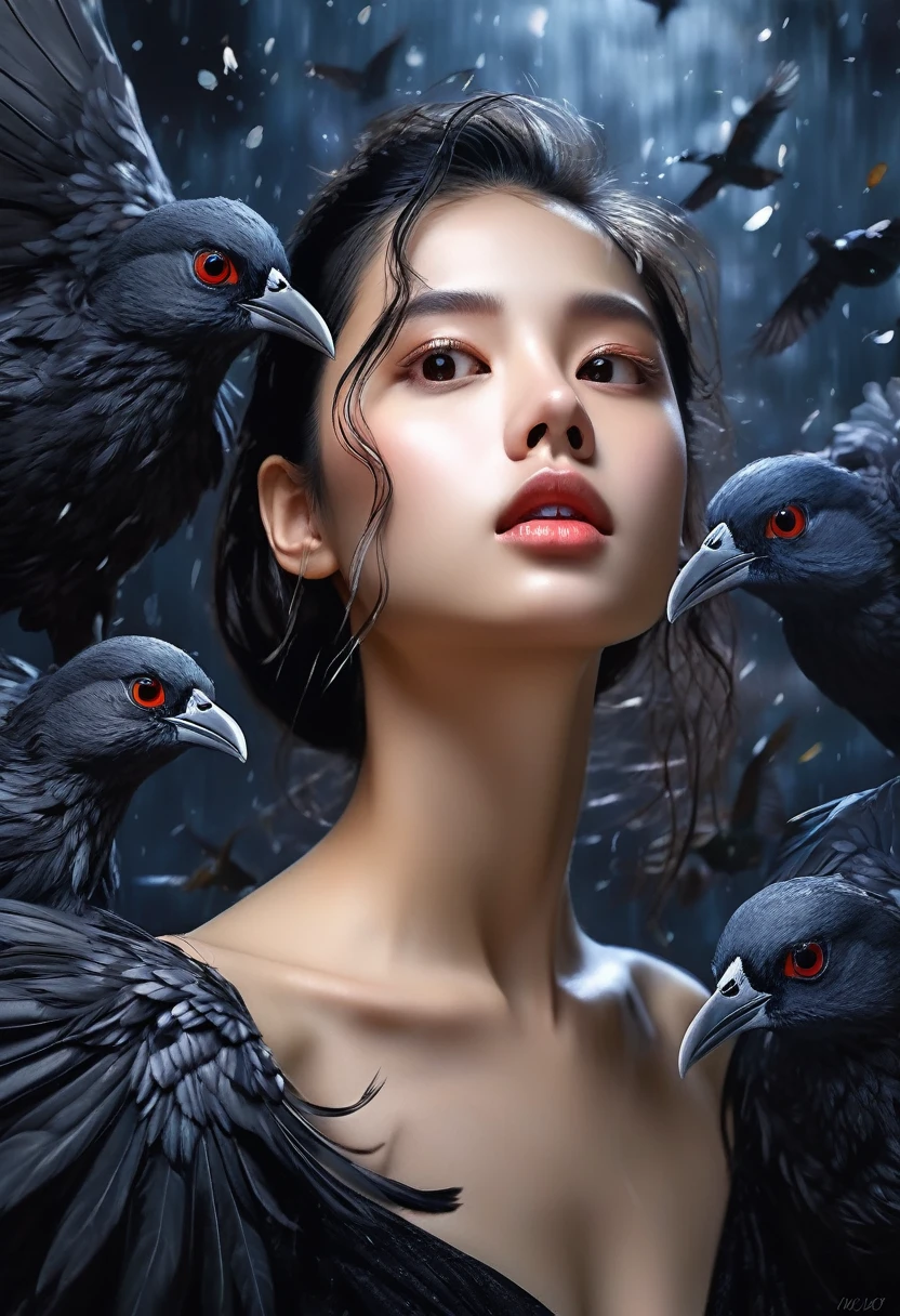 Rough surface, oil on canvas style, delicate face, upper body, a girl, a girl in a black dress, big bird wings, fluttering, surrounded by birds, extreme flow, night, super detailed, intricate, 32k uhd megapixels
best quality --iw 0.5 --q 2 - -s 750 - -two 2 5