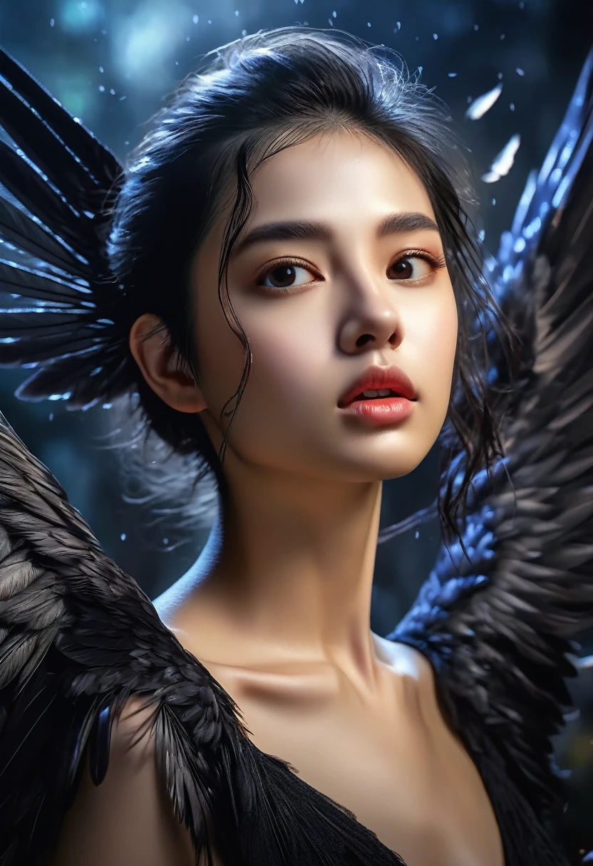 Rough surface, oil on canvas style, delicate face, upper body, a girl, a girl in a black dress, big bird wings, fluttering, surrounded by birds, extreme flow, night, super detailed, intricate, 32k uhd megapixels
best quality --iw 0.5 --q 2 - -s 750 - -two 2 5