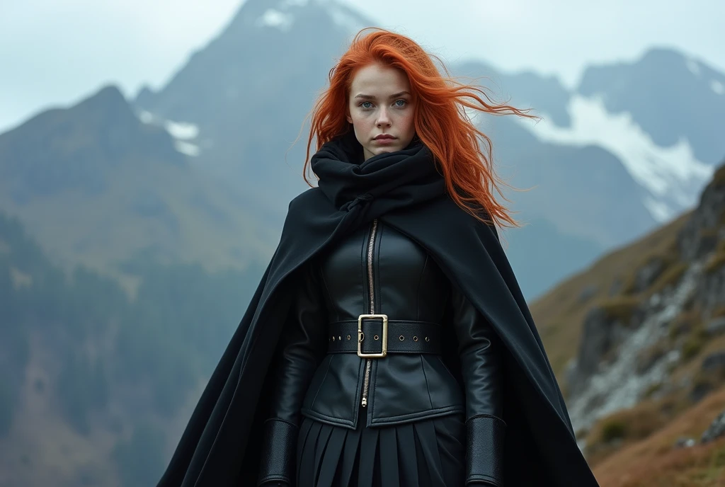 redhead girl with and blue eyes and a large black cloak over a black leather coat soft black gloves and a skirt on the endge of a montain and the photo is taken from up front