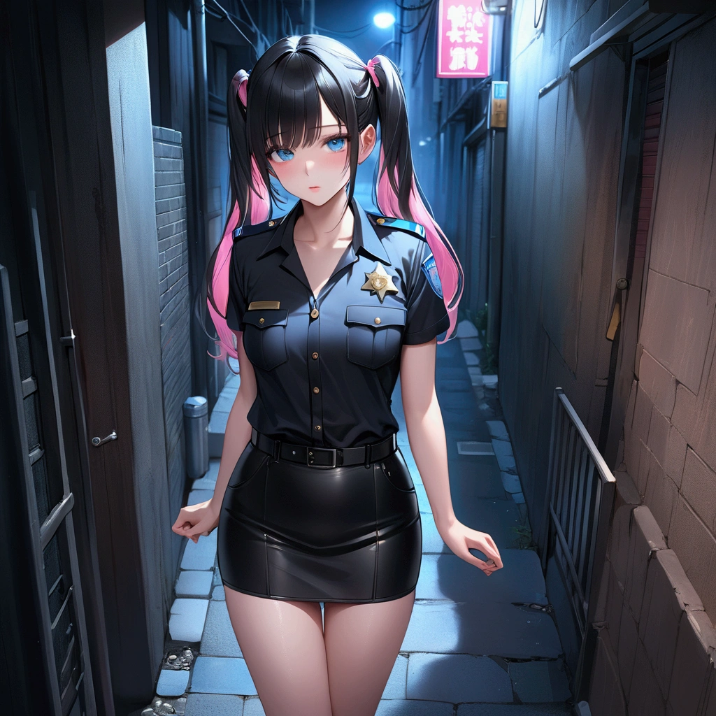 ((Highest quality))、(masterpiece)、(Realistic Shadows)、NSFW、girl１people、Twin tails、Long Hair、(colored inner hair　black hair + pink inner hair)、Blue eyes、Black color police uniform、Blackｙshirt、Black short tight skirt、night、Alley、