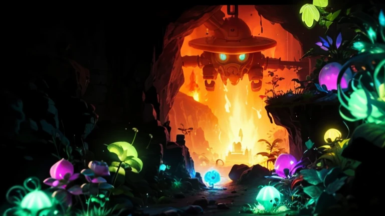 Underground cave, underground mining background, fantasy glowing plant, yellow shiny electric, big robot boss in the backgrkund, some fire burning light in the back of big robot boss, high quality, perfect 4k quality, beautiful scenery, glowing tiny mushrom, glowing tiny fantasy plant, glowing tiny slime character