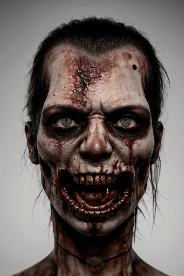 closeup face of zombie, His face was sunken, showing thin flesh attached to it, look horror and violence, black background, high detail, kodak film, photorealism