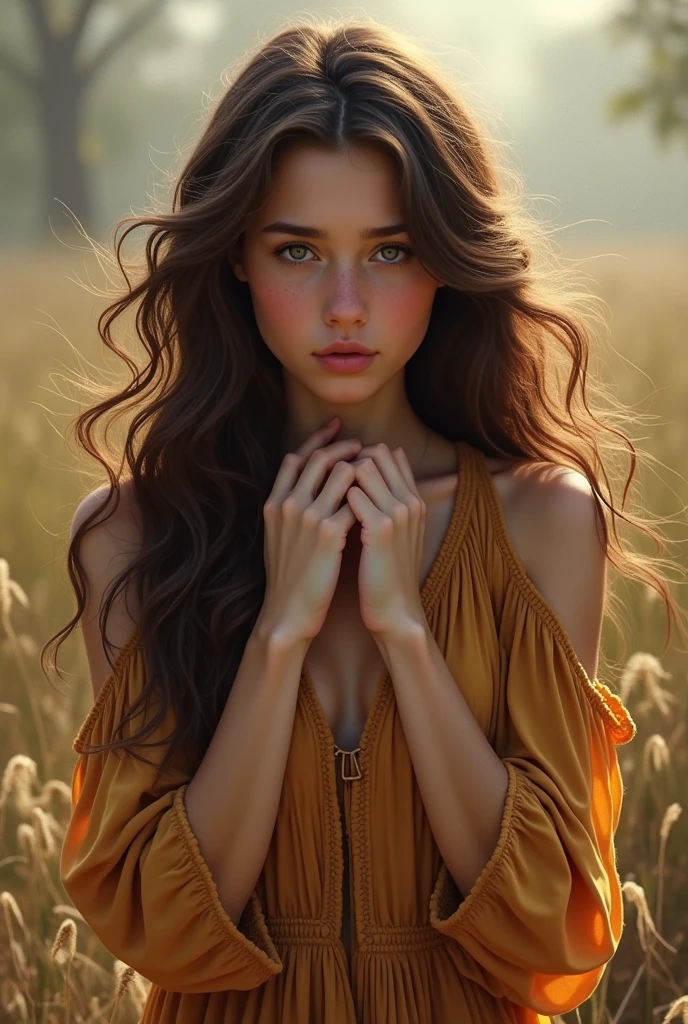 Beautiful girl with wavy long hair, bohemian dress, holding and squeezing her throat