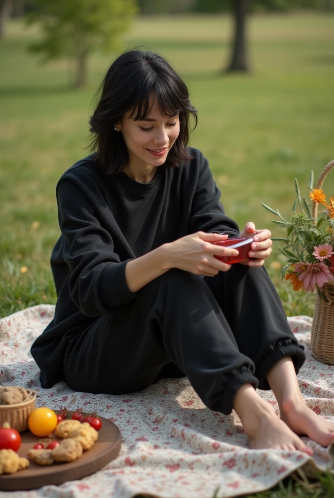 black hair, black sweatpants, White skinned, Barefoot woman having a picnic with her friends