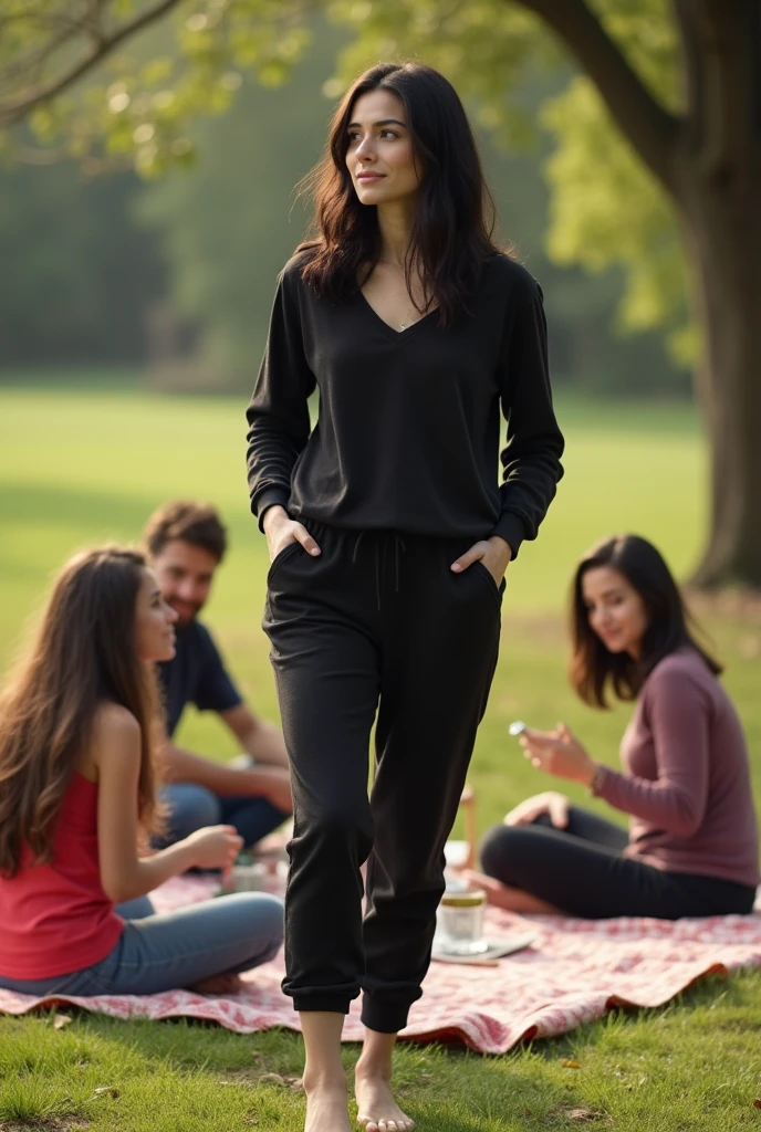 black hair, black sweatpants, White skinned, Barefoot woman having a picnic with her friends