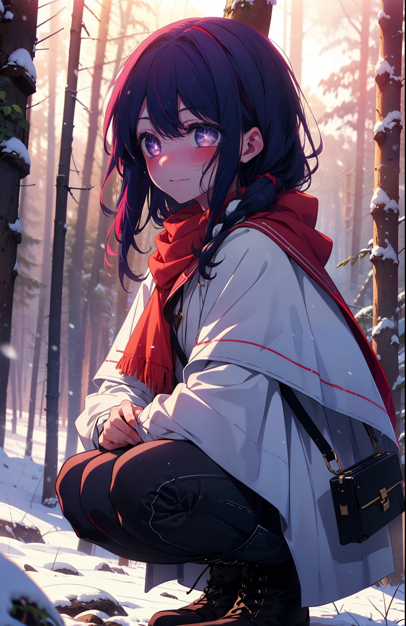aihoshino, Ai Hoshino, Long Hair, bangs, (Purple eyes:1.1), Purple Hair, (Symbol-shaped pupil:1.5), smile,,smile,blush,white breath,
Open your mouth,snow,Ground bonfire, Outdoor, boots, snowing, From the side, wood, suitcase, Cape, Blurred, , forest, White handbag, nature, Squat, Mouth closed, Cape, winter, Written boundary depth, Black shoes, red Cape break looking at viewer, Upper Body, whole body, break Outdoor, forest, nature, break (masterpiece:1.2), Highest quality, High resolution, unity 8k wallpaper, (shape:0.8), (Beautiful and beautiful eyes:1.6), Highly detailed face, Perfect lighting, Highly detailed CG, (Perfect hands, Perfect Anatomy),