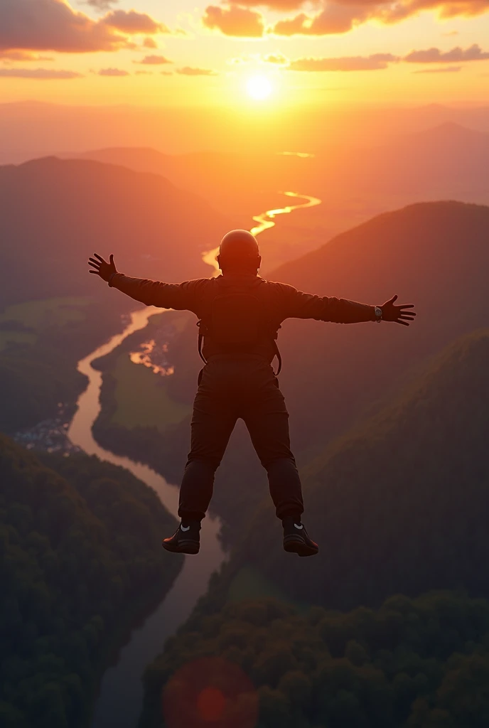 skydiving upon beatiful landscape, rising sun with photo flares, 4k