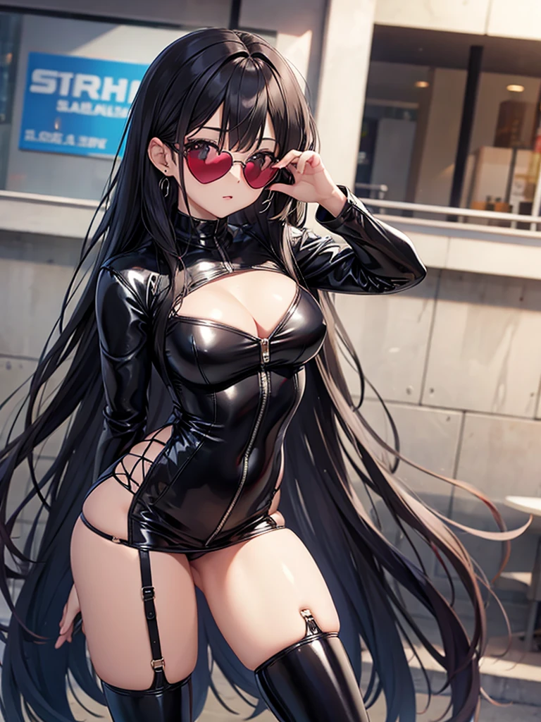 Beautiful black hair, Long Hair, sunglasses, Sister Costume, Brown Skin, latex, Knee-high boots, Provocative look, Heart Earrings, Beautiful Hands, Beautiful fingers, Beautiful legs, like