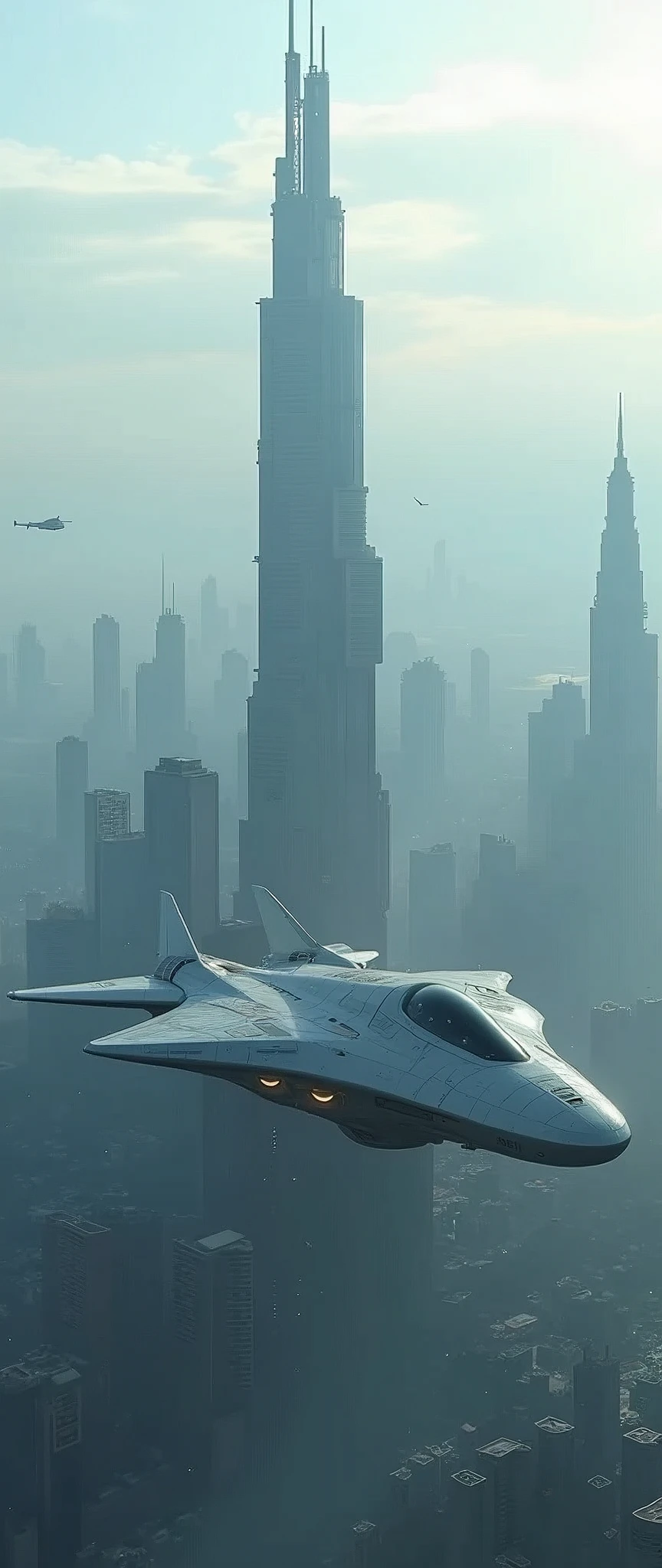 Future city seen from an airplane:1.5,fog,port,Flying Spaceship,Skyscraper,masterpiece,Highest quality,Ultra-high resolution,(Very detailed:1.2),8k,Realistic,Best aesthetics,beautiful