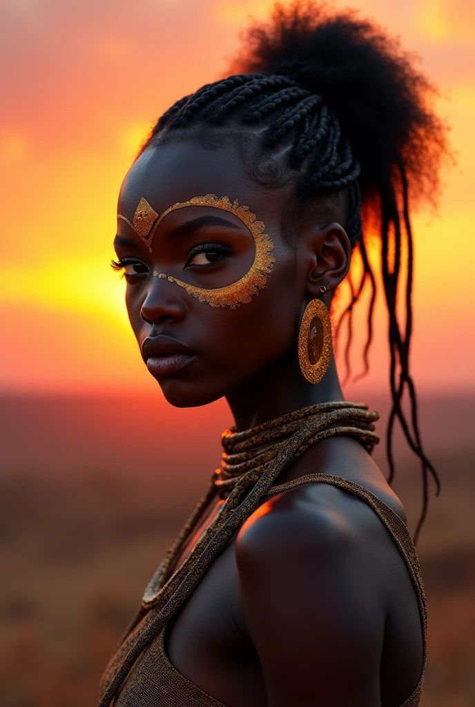 , stunning african princess, afrofuturism style, african princess, black african princess, afrofuturism, african queen, stunning portrait, 8k artistic portrait photography, afrofuturistic, anthropological photography, afrofuturist, futuristic himba age girl, beautiful portrait, beautiful futuristic himba woman, tribal makeup, fierce eyes, background is sunset on top of a hill