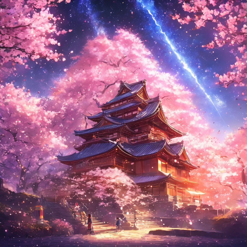masterpiece, concept art, panorama, middle, shape, wide shot, cherry blossoms, night, (meteor), space galaxy background, (great composition, epic scale), dynamic lighting, bright colors, cherry blossoms, one girl, garden , small Japanese Castle, stardust