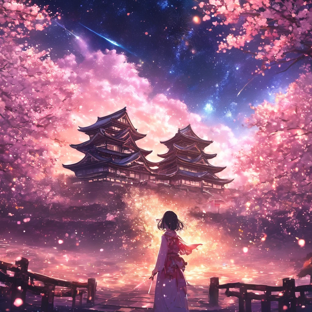 masterpiece, concept art, panorama, middle, shape, wide shot, cherry blossoms, night, (meteor), space galaxy background, (great composition, epic scale), dynamic lighting, bright colors, cherry blossoms, one girl, garden , small Japanese Castle, stardust