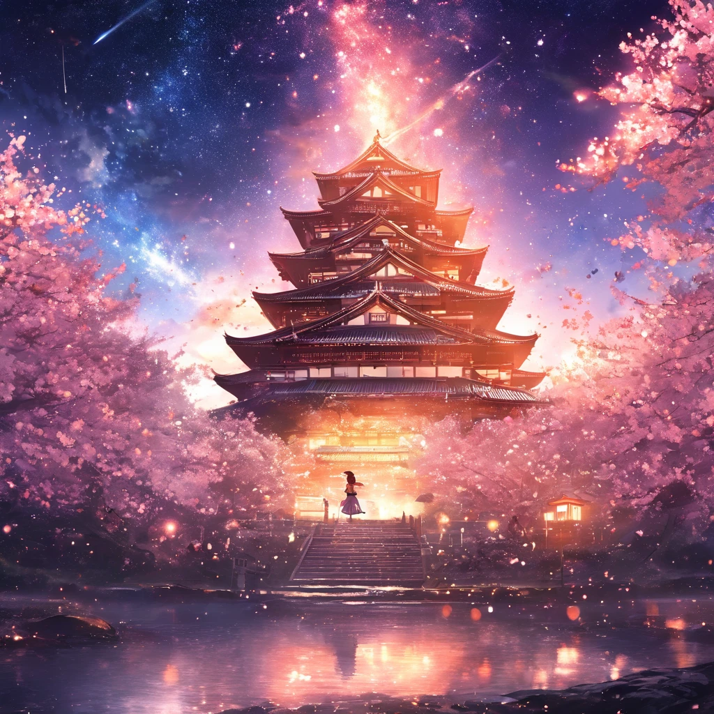 masterpiece, concept art, panorama, middle, shape, wide shot, cherry blossoms, night, (meteor), space galaxy background, (great composition, epic scale), dynamic lighting, bright colors, cherry blossoms, one girl, garden , small Japanese Castle, stardust