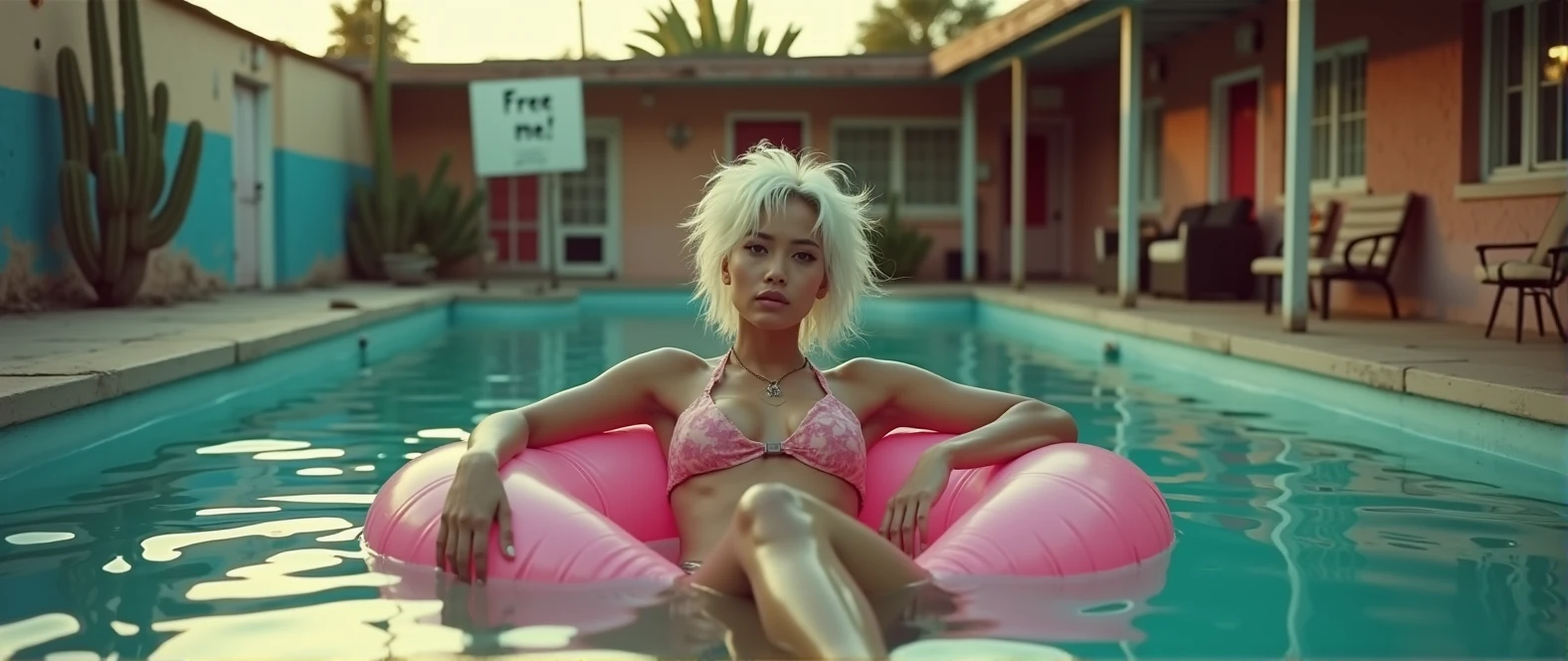 8k, raw documentary cinematic, dramatic Analog raw pro, A split-level shot captures a 24-year-old wet busty bimbo beauty with white punk hair, lounging on a pink pool float. Half-submerged lens reveals her ultra-slim deformed by water figure in a bikini, cigarette in hand. The dilapidated Mexican motel pool, surrounded by cacti, exudes eerie charm. A weathered sign pleads "Free me!" Golden hour light bathes the scene, highlighting hyper-realistic details: dust motel