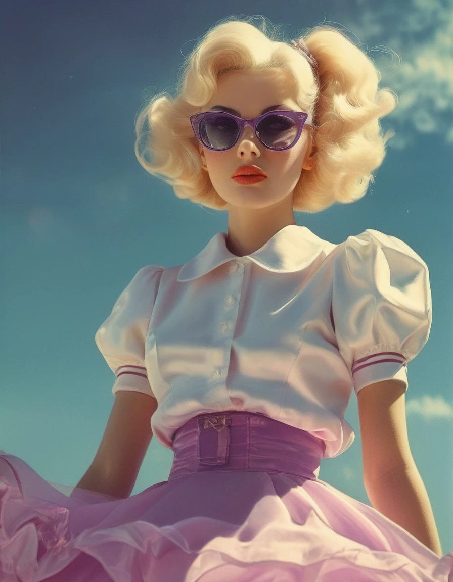 Ken Loach, photograph, Glamorous women of the 1950s。In my early 20s I wore a poodle skirt.、She had blonde hair。, Wearing elegant brow-lined glasses, Immerse your audience in a surreal landscape. The sun is shining brightly in the sky, Add a golden glow to the scene. rough sketch, strict, Anime Core, Cold lighting, Double exposure, Kodak Ektar 100, debt/5, Sharp and in focus, (Key Visual, Cinematic Purple Color Grading)