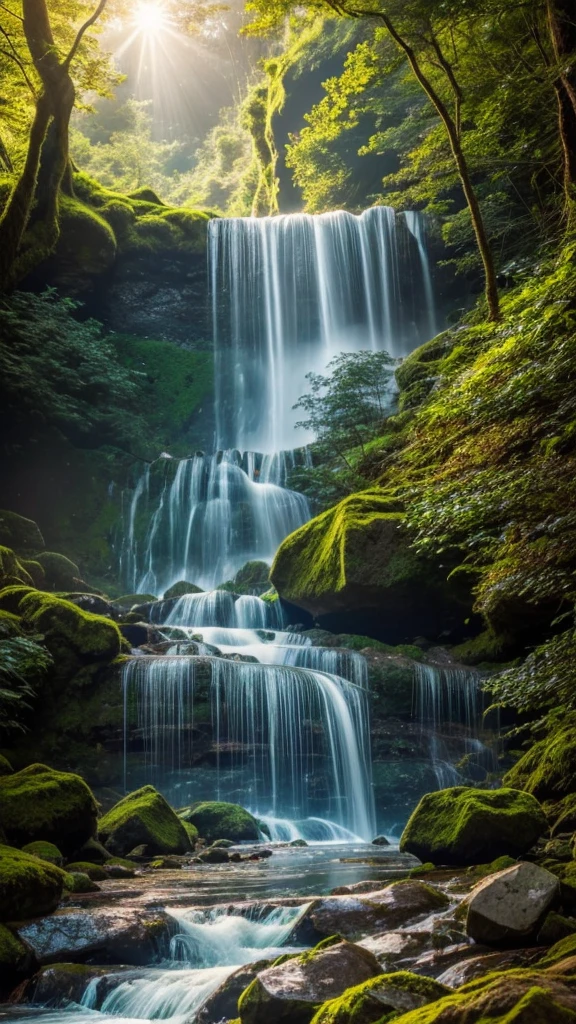 beautiful detailed waterfall, dramatic cascading waterfall, lush green forest, rocks and boulders, sun rays shining through the mist, vibrant colors, cinematic lighting, 8k, high resolution, photorealistic, stunning landscape, award winning, art by artstation