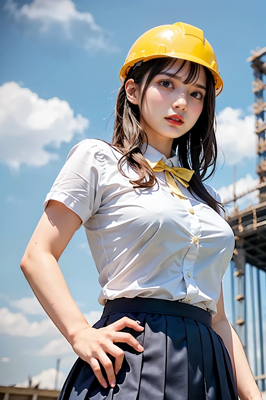Masterpiece, bokeh, (Beautiful face), (Detailed face), (Japanese idle), (School uniform:1.3), (Pleated skirt:1.3), (Blushed face:1.3), (Plump breast:1.2), (Dynamic pose in Steel bridge of construction site:1.5), (Yellow helmet:1.3), (From below:1.5), (Perfect hand:1.5)